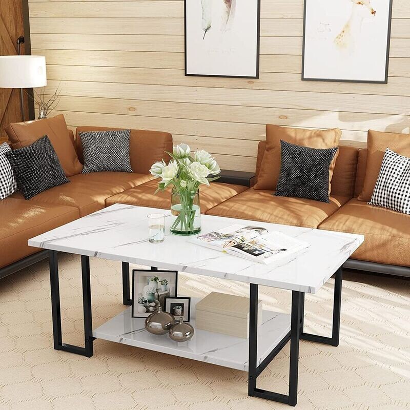 Marble Coffee Table, Faux Marble Top Rectangular Coffee Table with Black Metal Frame, White,40 Inch
