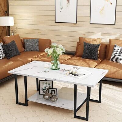 Marble Coffee Table, Faux Marble Top Rectangular Coffee Table with Black Metal Frame, White,40 Inch