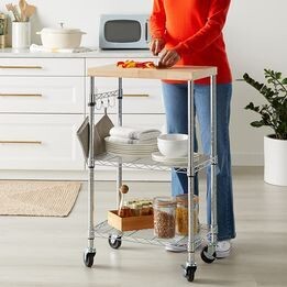 Kitchen Storage Microwave Rack Cart on Caster Wheels with Adjustable Shelves, Chrome/Wood
