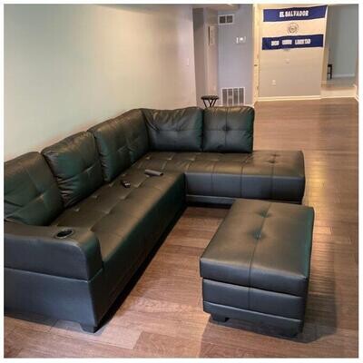 Black sectional sofa L shaped Vegan Leather 3 Piece with Ottoman Living Room Couch