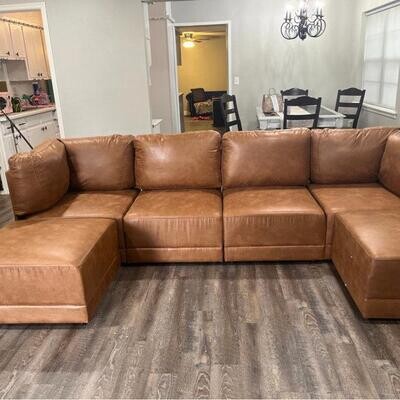 U Shaped Modular Changing 6 - Piece Camel Leather Sectional Sofa Couch Living Room