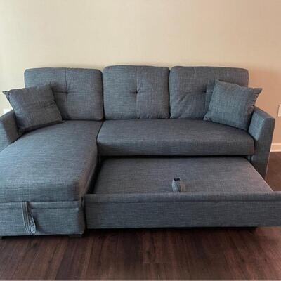Easy Reversible Sectional Living Room Blue Linen 85&#39;&#39; Upholstered Sleeper Sofa