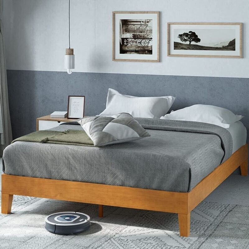 Wood Platform Bed Frame Solid Wood Foundation Wood Slat Support Easy Assembly, Rustic Pine, Queen