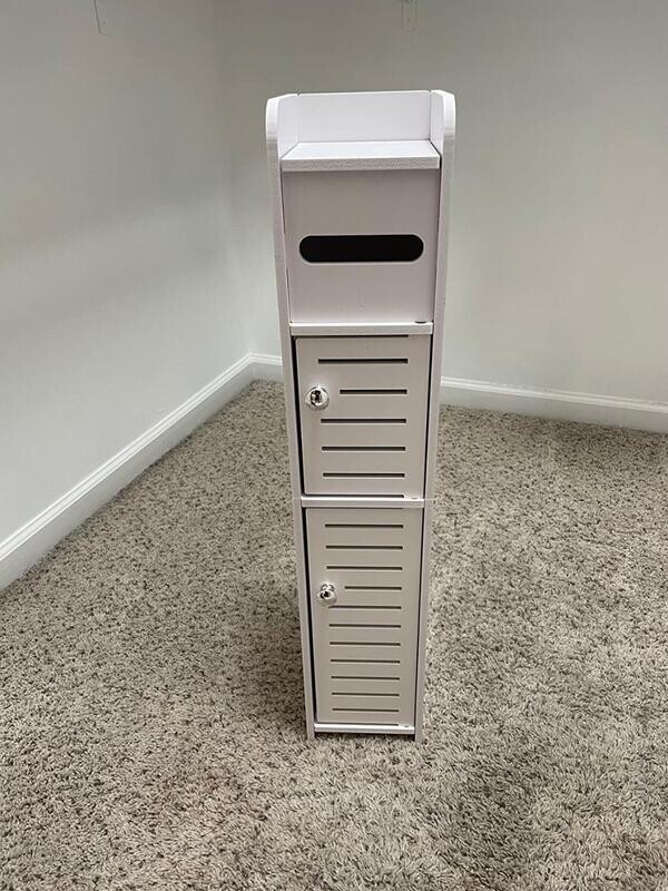 Small storage cabinet for bathroom slim fit toilet paper holder with 2 Doors &amp; Shelves (White)