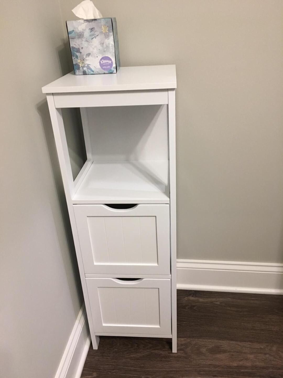 Storage Cabinet for bathroom floor with rack and two interchangeable drawers, white
