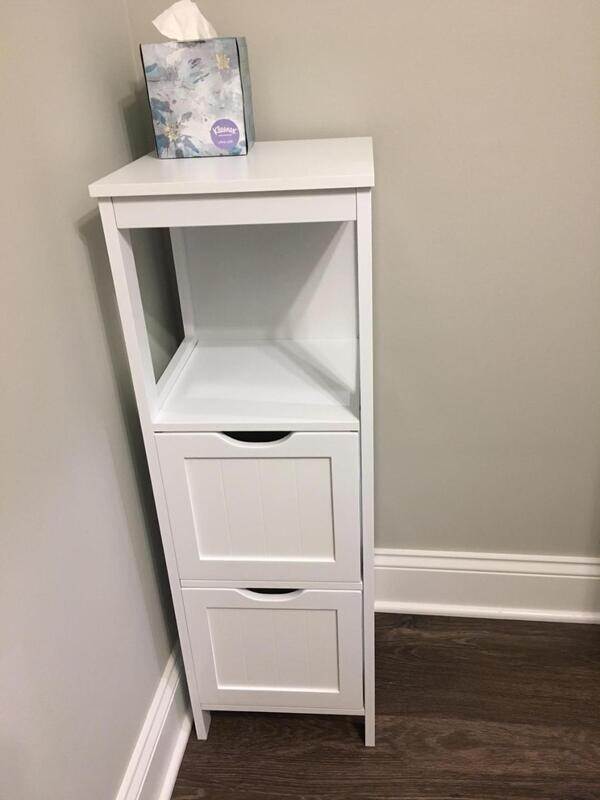 Storage Cabinet for bathroom floor with rack and two interchangeable drawers, white