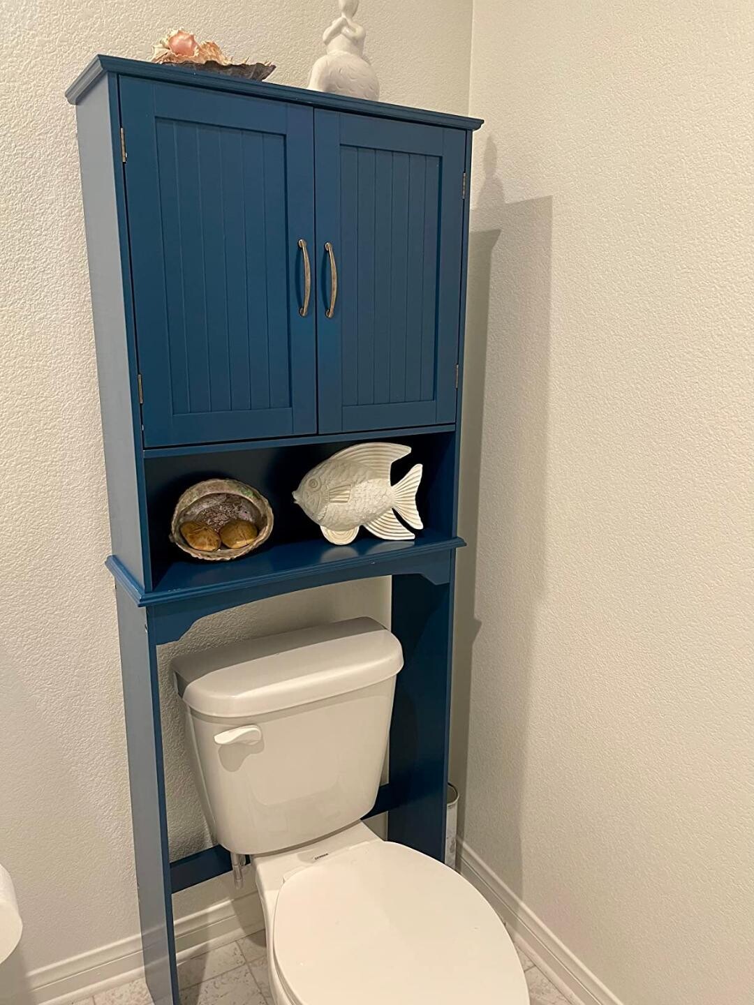Space-Saving Bathroom Storage Solution: Versatile Standalone Cabinet with Adjustable Shelves and Sleek Tempered Glass Doors in Navy Blue