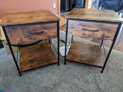 Set of 2, Rustic Brown Wood Grain Nightstand Pair: Stylish Bedside Tables with Fabric Drawer and Steel Frame