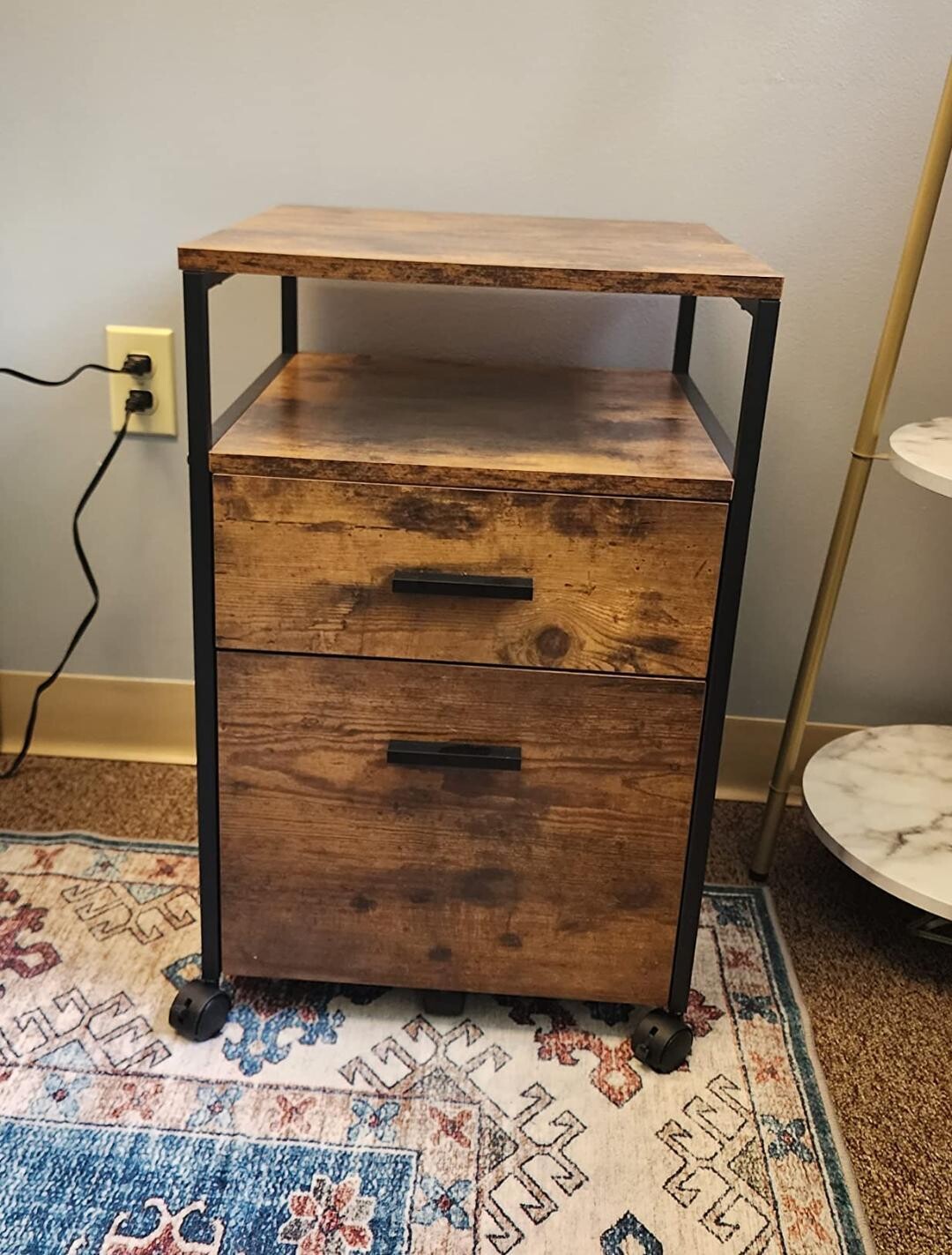Rustic Brown Wood Office Organizer: Mobile File Cabinet and Printer Stand with Open Shelf