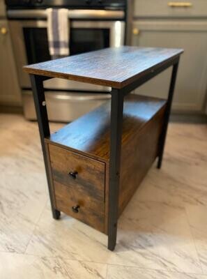 Rustic Brown and Black End Table: Narrow Chairside Nightstand with Drawer and Storage Shelf - Ideal for Small Spaces