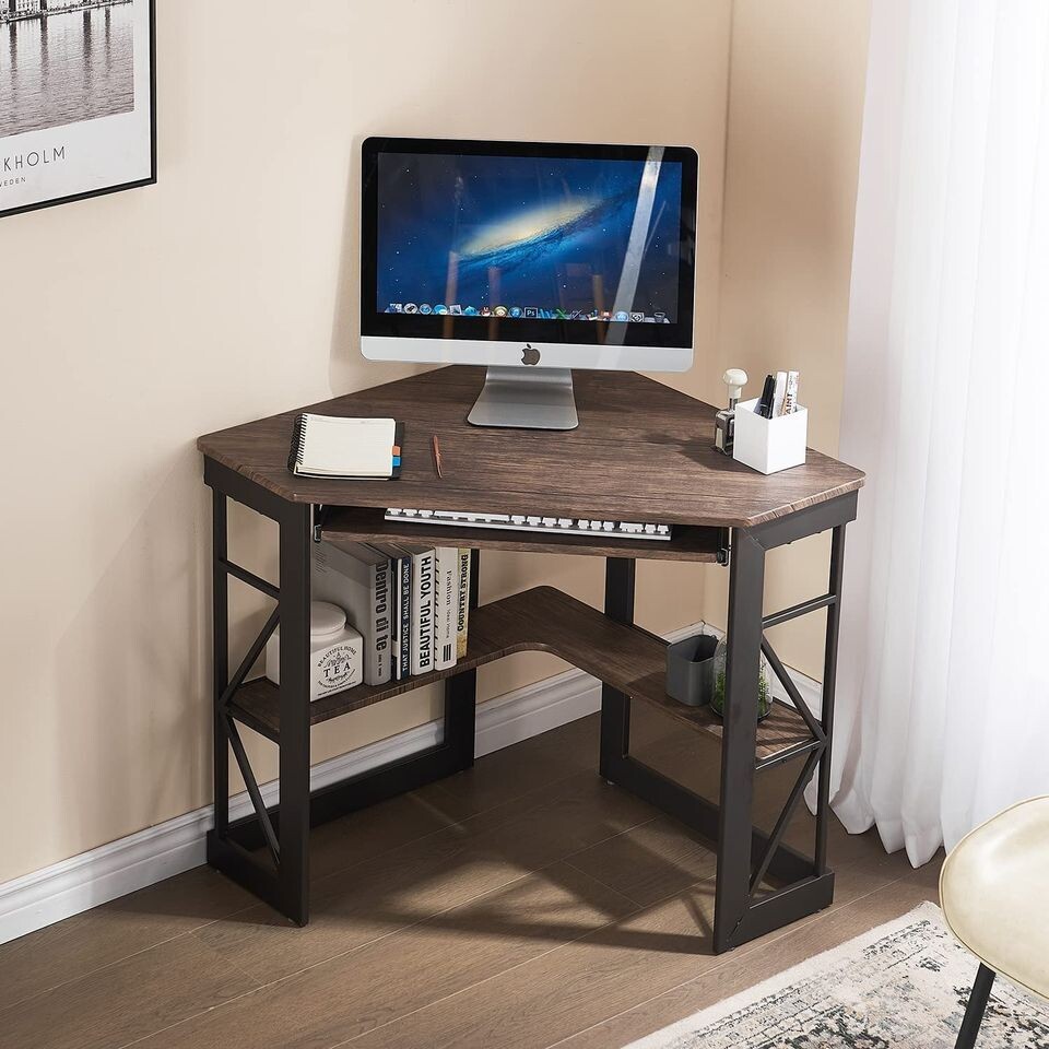Corner Computer Desk with Smooth Keyboard &amp; Storage Shelves for Workstation, Rustic Natural Brown