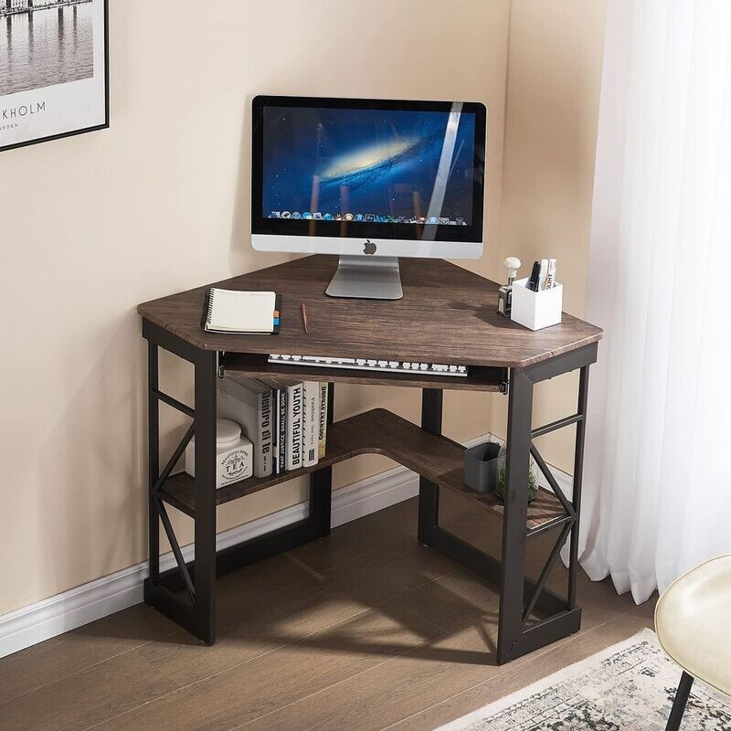 Corner Computer Desk with Smooth Keyboard &amp; Storage Shelves for Workstation, Rustic Natural Brown