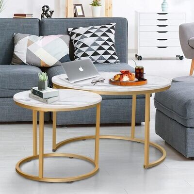Coffee Table Nesting White Set of 2 Side Set Golden Frame Circular and Marble Pattern Wooden Tables