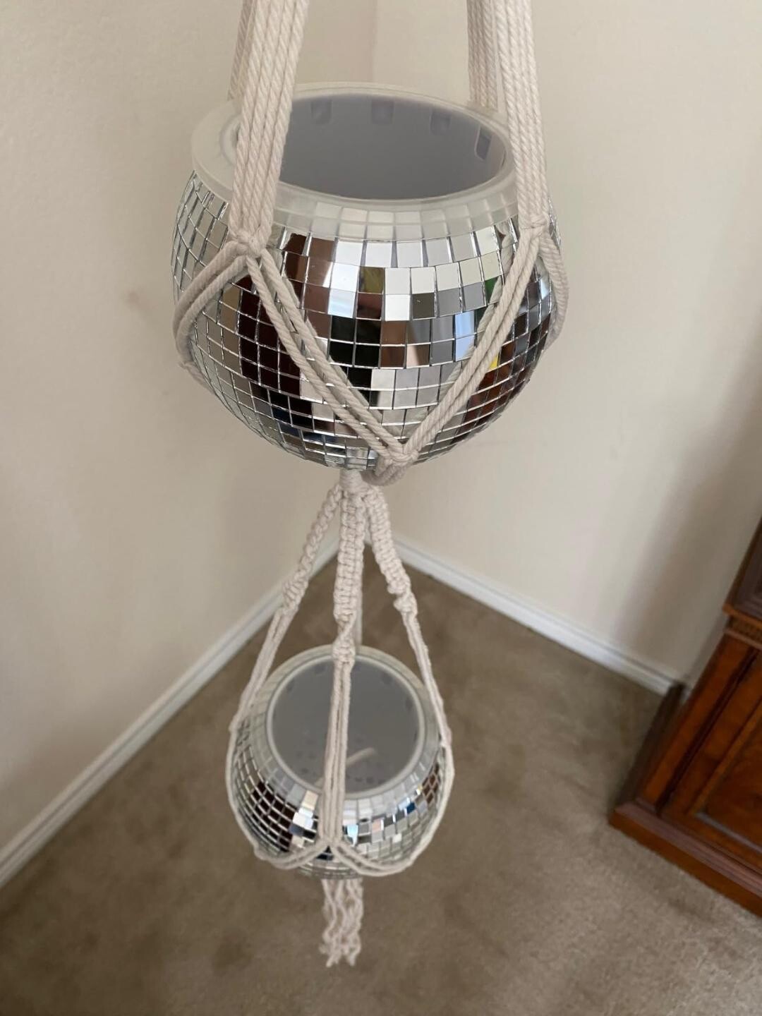 2 Pcs 6&quot; Glowing Disco Duo: Self-Watering Planters with Macrame Hangers - Dazzling and Unique Disco Ball Plant Hanger Set - Drainage included
