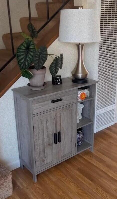 Rustic Oak Floor Storage Accent Cabinet: Versatile Design with Doors, Shelves, and Drawer for Living Room, Bedroom, Kitchen Organization