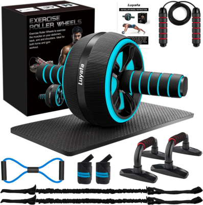 Complete 10-In-1 Ab Roller Wheel Kit: Home Gym Equipment for Core Strength &amp; Abdominal Exercise. Includes Resistance Bands, Mat, Jump Rope, Push-Up Bar - Men and Women