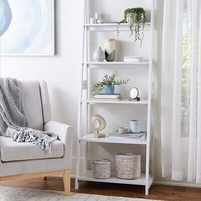 Modern 5-Tier Ladder Bookshelf Organizer, Solid Rubberwood Frame - White