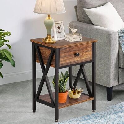 Modern Bedside End Tables, Night Stands with Drawer and Storage Shelf, Set of 2, Brown