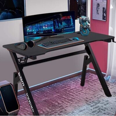 Office Desk Extra Large Modern Black PC Carbon Fiber Workstation with Cup Holder Headphone Hook