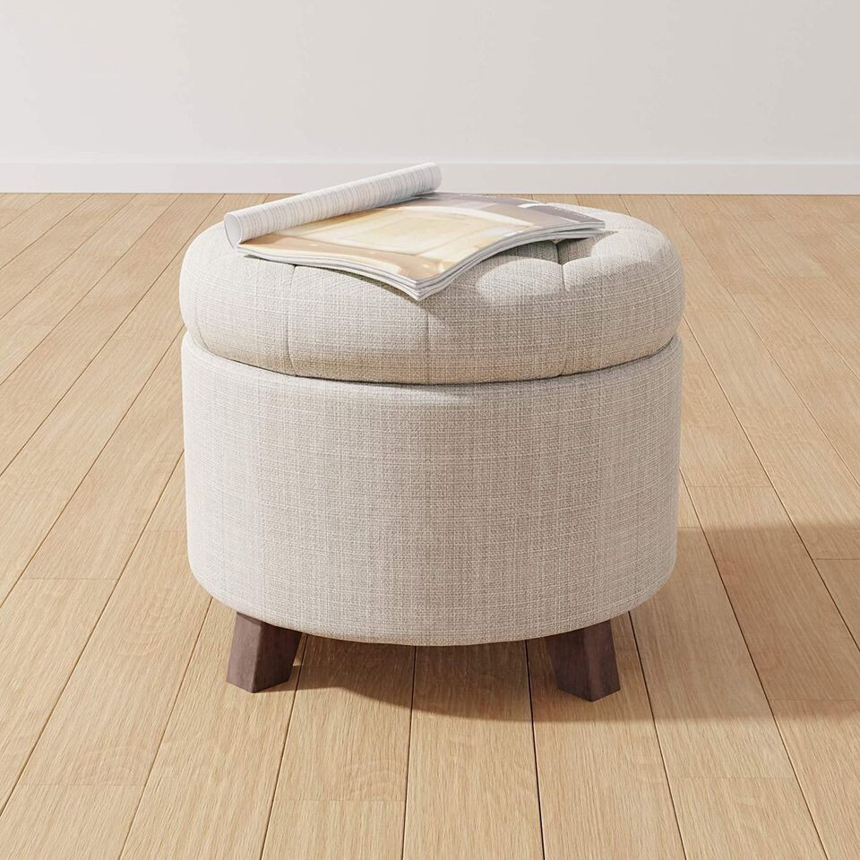 Upholstered Tufted Storage Ottoman Footstool, 20&quot;H, Burlap Beige