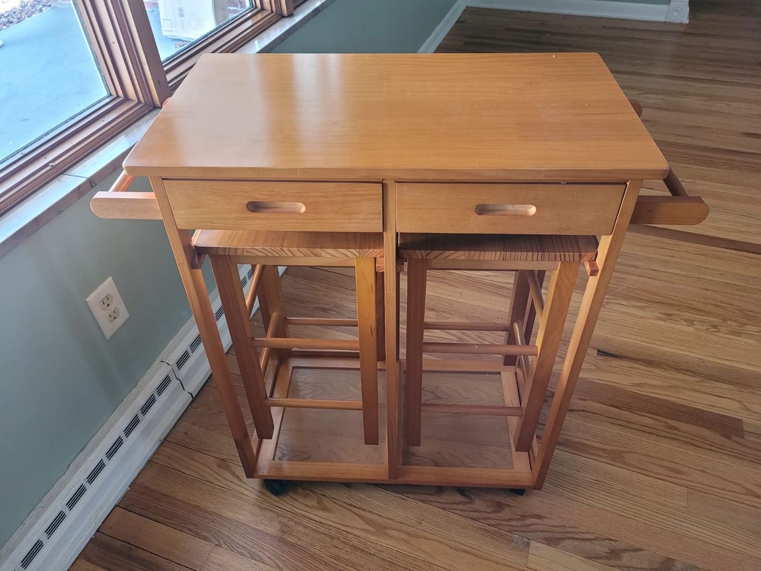 NEW Kitchen Island Trolley Cart with 2 Square Stools and 2 Drawers Solid Wood Drop Leaf Table