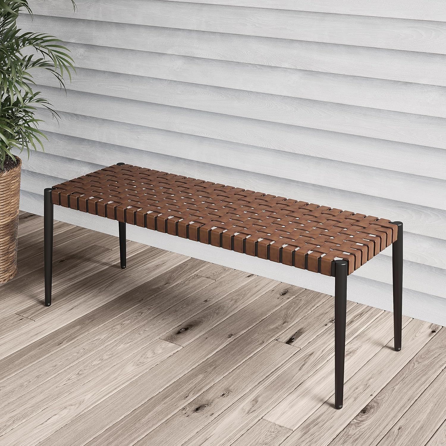 Curated Entryway: Grand 2-Seat Wicker Bench w/ Leather-Look Seat | Stylish All-Weather Porch Seating