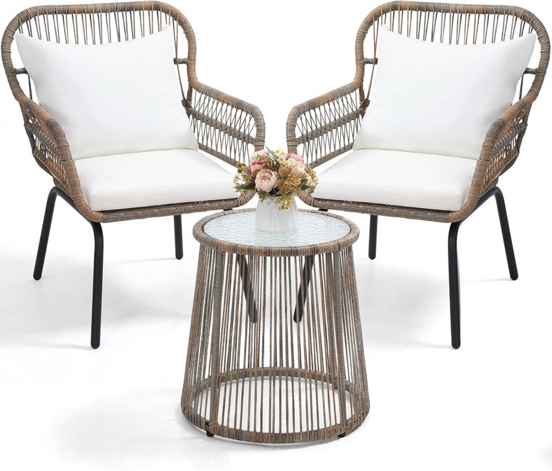 3-Piece Patio Conversation Bistro Set, Outdoor Wicker w/ 2 Chairs, Cushions, Side Table - Tan