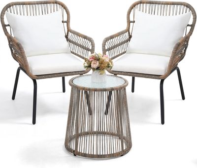 3-Piece Patio Conversation Bistro Set, Outdoor Wicker w/ 2 Chairs, Cushions, Side Table - Tan