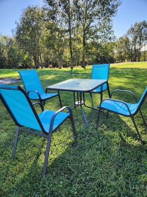 Blue Family Oasis: 5-Piece Patio Dining Set w/ Textilene Chairs &amp; Square Glass Table | All-Weather Backyard Retreat