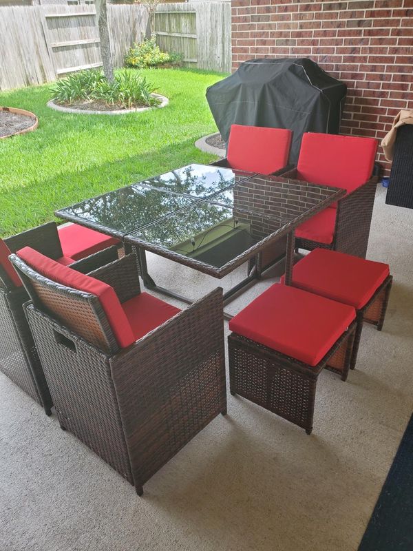 Ultimate Gathering Space: 9-Piece Rattan Patio Dining Set w/ Cushioned Chairs | Deluxe Outdoor Entertainment