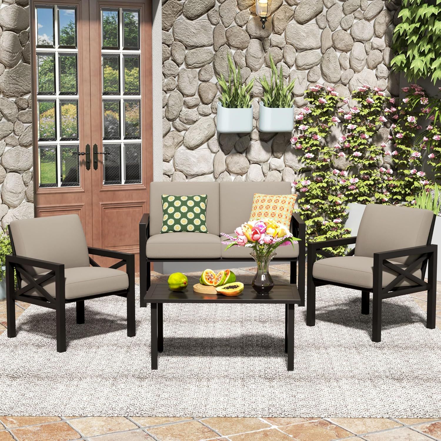 Shale Contemporary Oasis: 4-Piece Metal Sectional Patio Set w/ 5.5" Thick Cushions &amp; Coffee Table