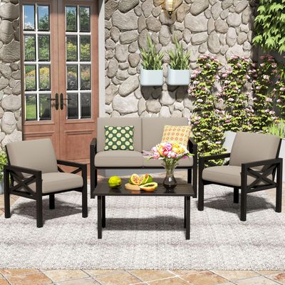 Shale Contemporary Oasis: 4-Piece Metal Sectional Patio Set w/ 5.5&quot; Thick Cushions &amp; Coffee Table