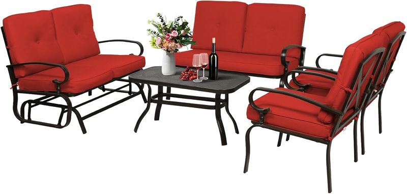 Bold Red Comfort: 5-Piece Wrought Iron Glider Patio Set w/ Loveseat, 2 Chairs &amp; Coffee Table | Durable Outdoor Furniture