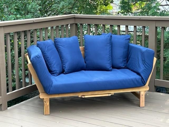 Navy Blue Convertible Futon: Acacia Wood Patio Sofa w/ Pullout Tray &amp; Weatherproof Cushions