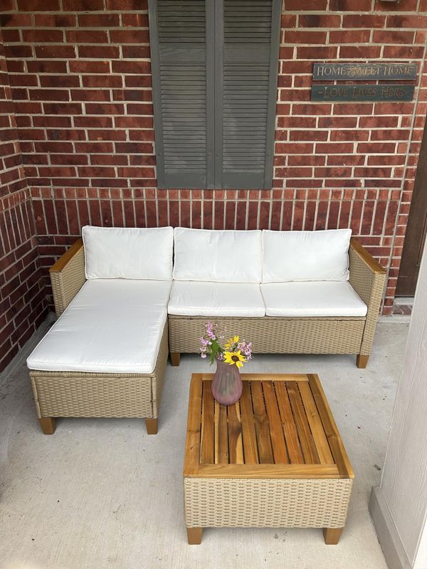 3-Piece Wicker Chaise Lounge Set w/ L-Shape Sofa &amp; Acacia Wood Table | Patio Furniture