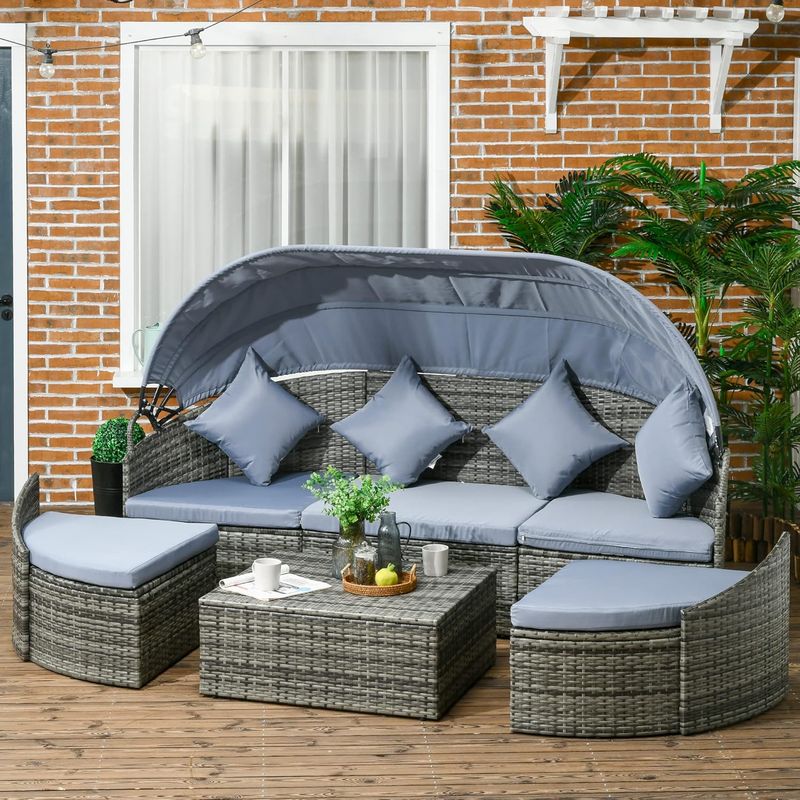 Round Convertible Daybed: 4-Piece Wicker Patio Sofa Set w/ Canopy &amp; Footrest | Light Gray