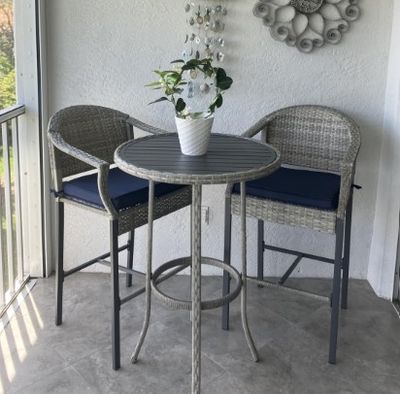 3-Piece Bar Height Patio Set w/ Wicker Stools, Cushions &amp; Steel Frame | Brown/Red