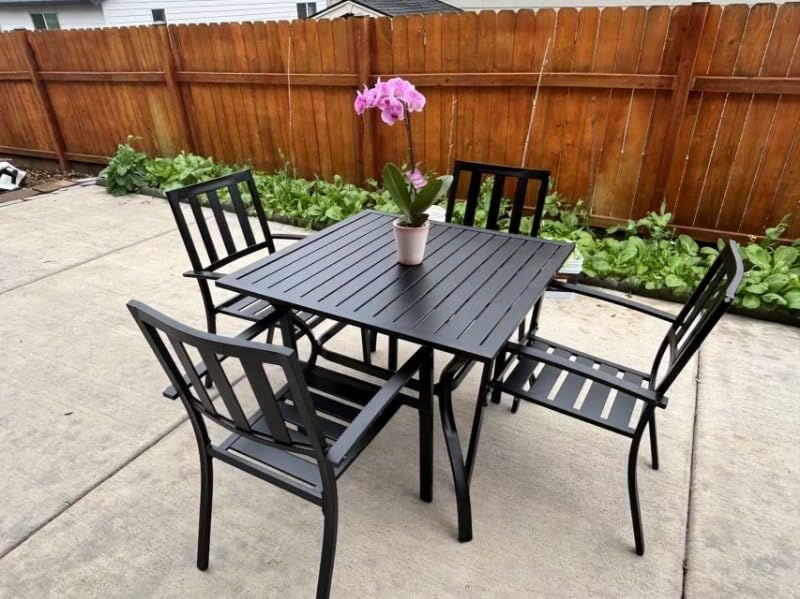 5-Piece Wrought Iron Dining Set w/ Square Table &amp; 4 Stackable Chairs | Heavy-Duty Outdoor
