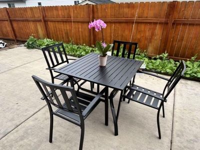 5-Piece Wrought Iron Dining Set w/ Square Table &amp; 4 Stackable Chairs | Heavy-Duty Outdoor