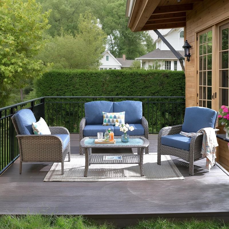 4-Piece Denim Blue Wicker Set w/ High Back Loveseat, Chairs &amp; Table | All-Weather Patio Furniture