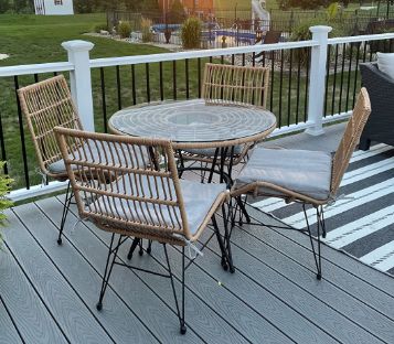 5-Piece Round Wicker Dining Set w/ Glass Table &amp; 4 Chairs | Beige/White Waterproof Cushions
