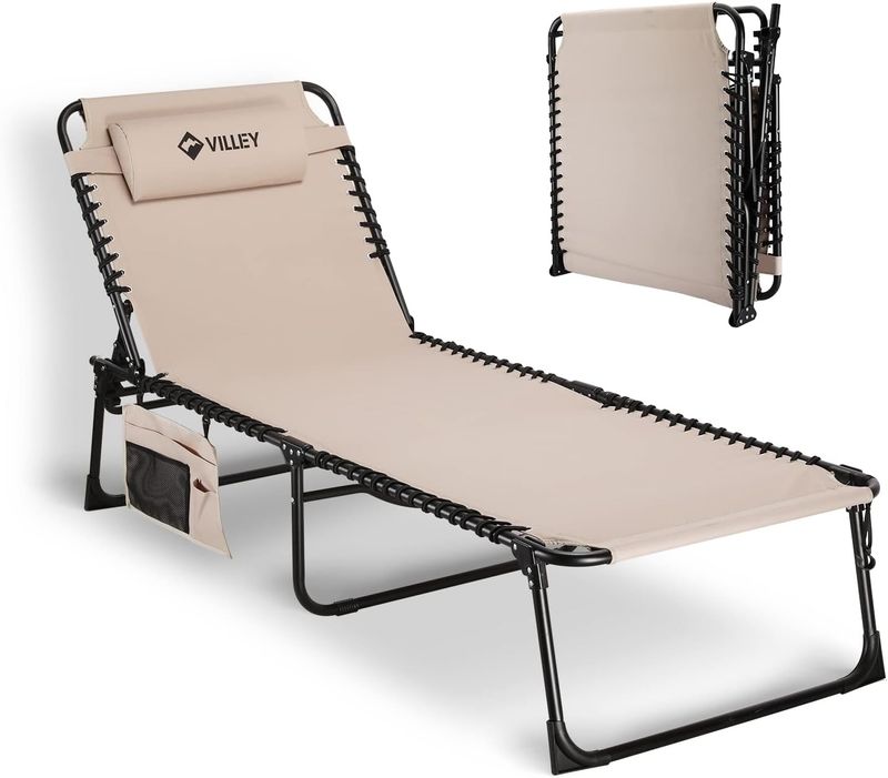 Oversize Folding Chaise Lounge: 5-Position Adjustable Outdoor Recliner w/ Heavy-Duty Frame - Beige
