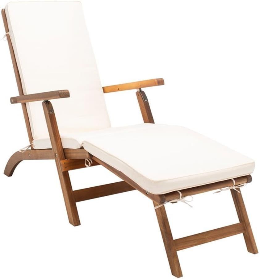 Natural Brown Wood Chaise Lounge w/ Beige Cushions | Solid Wood Outdoor Chair