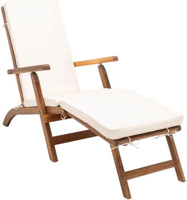 Natural Brown Wood Chaise Lounge w/ Beige Cushions | Solid Wood Outdoor Chair
