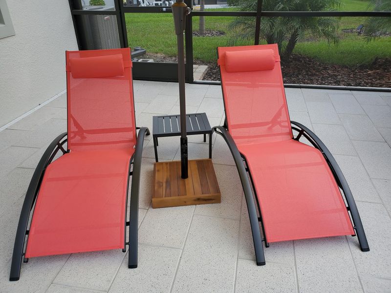Coral Red Chaise Lounge Set w/ Outdoor Recliner, Armrests &amp; Side Table | All-Weather Sun Lounger