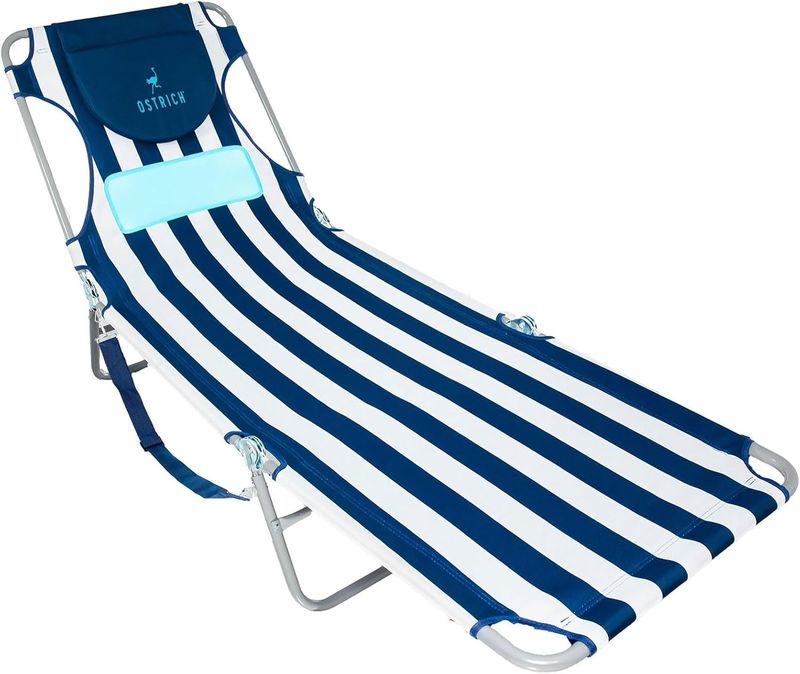 Portable Ostrich Beach Lounger: Reclining Outdoor Chair w/ Chest Support | Blue Stripe Patio Tanning