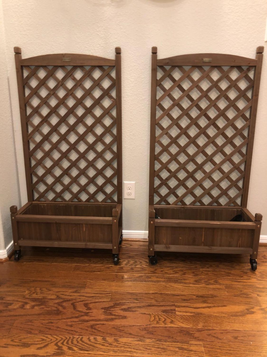 Set of 2 Walnut Wood Planter Boxes w/ Lattice Trellis | Mobile Raised Garden Bed for Climbing Plants