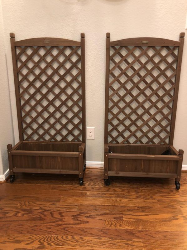 Set of 2 Walnut Wood Planter Boxes w/ Lattice Trellis | Mobile Raised Garden Bed for Climbing Plants