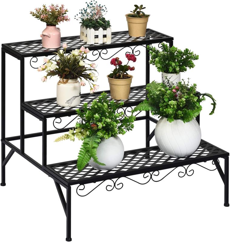 3-Tier Black Metal Plant Stand: Indoor/Outdoor Shelf for 9 Flower Pots | Corner Display Rack
