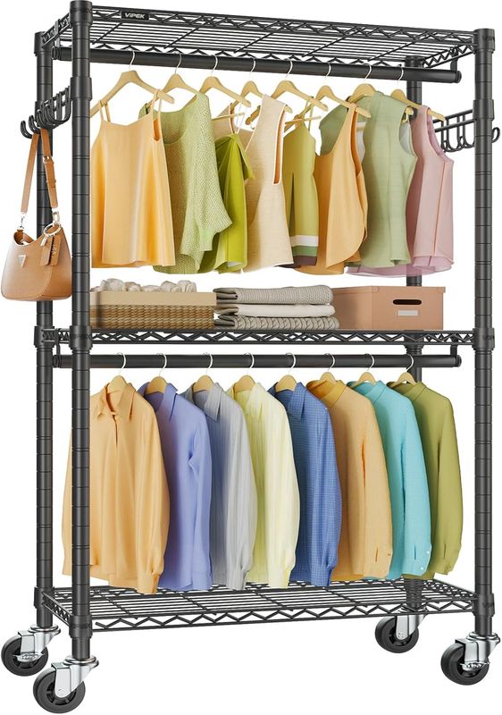 Freestanding Metal Clothes Rack (3 Tiers) | Rolling Wardrobe Organizer with Double Rods &amp; Hooks